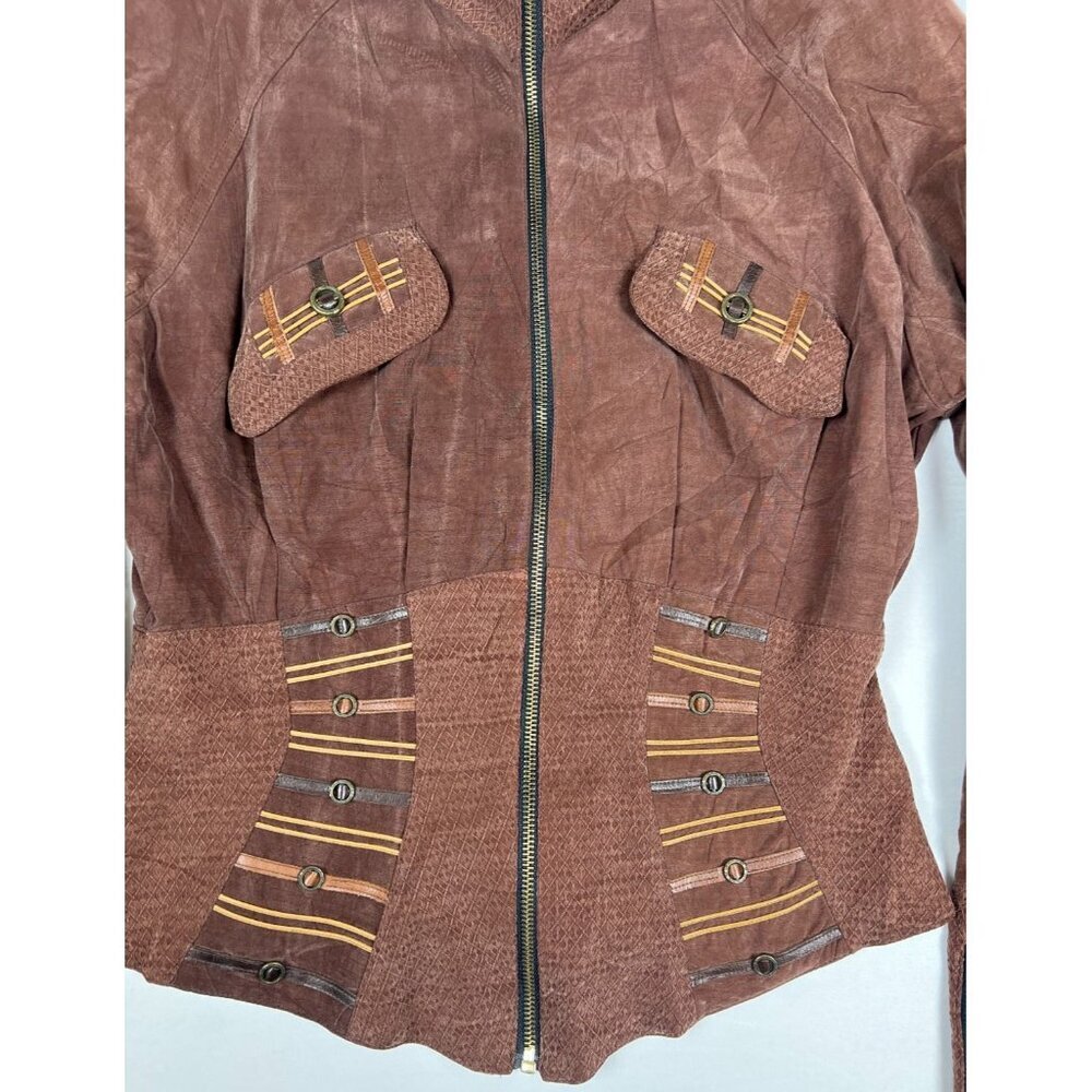 Caché Women L Vintage Brown Suede Bomber Jacket Earthy Mixed Media Made in USA - Picture 7 of 7